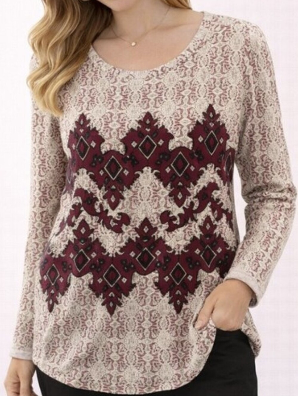 SUNDANCE Neva Beaded Aztec Top XS Embellished French Terry Scoop Neck Tee